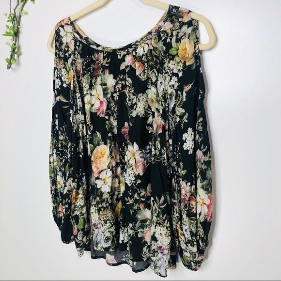 Velvet Black Floral Cold Shoulder Blouse Top - Picture 2 of 9